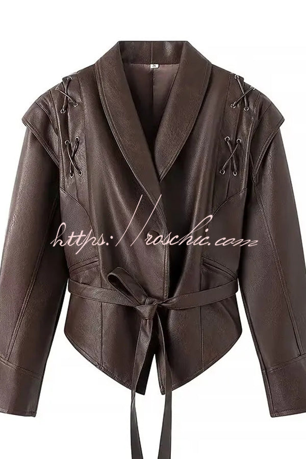 Street Warrior Faux Leather Distressed Style Lace-up Lapel Belt Oversized Jacket