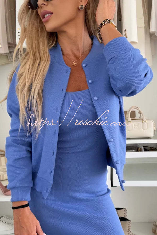 Comfort and Femininity Knit Ribbed Button Up Long Sleeve Bomber Jacket