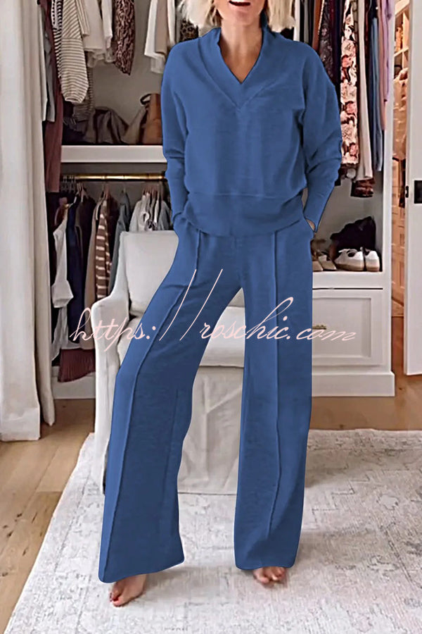 Weather Gets Cold Solid Color V-neck Top and Elastic Waist Pocketed Lounge Pants Set