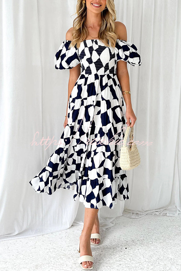 Petal Princess Unique Print Smocked Waist Puff Sleeve Midi Dress