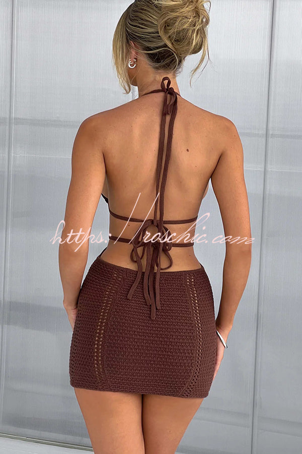 Effortlessly Cool and Sexy Knit Crochet Cutout Halter Tie-up Stretch Mini Dress