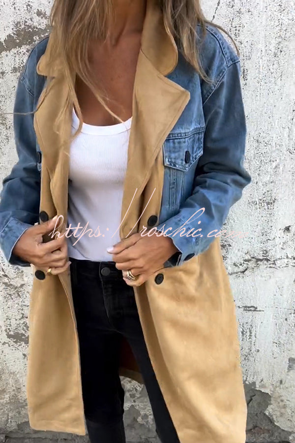 Fashion Lapel Long Sleeve Pocket Mid-length Denim Patchwork Jacket