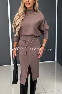 Chill Morning Knit Ribbed High Neck Top and Big Pocket Slit  Stretch Midi Skirt Set