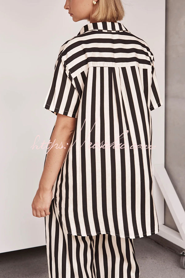 Erika Striped Casual Shirt and Elastic Waist Pocket Wide Leg Pants Set