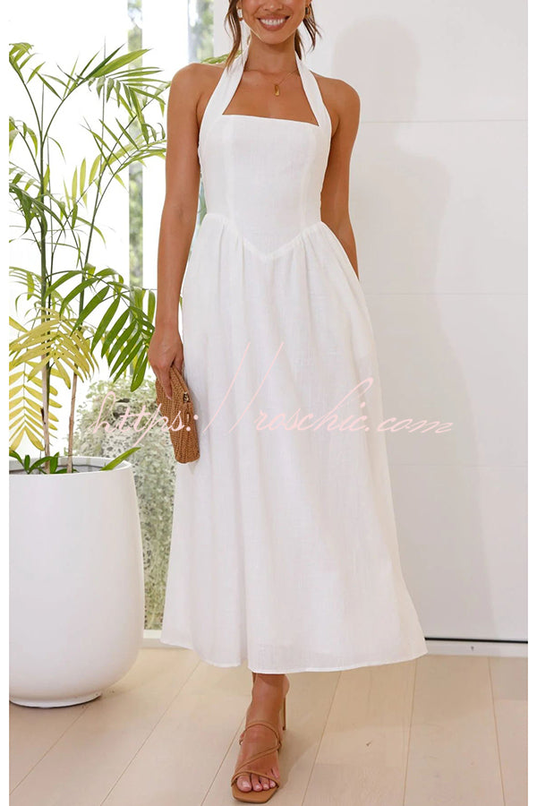 Brunch in Bali Linen Blend Halter Neck Pocketed Maxi Dress