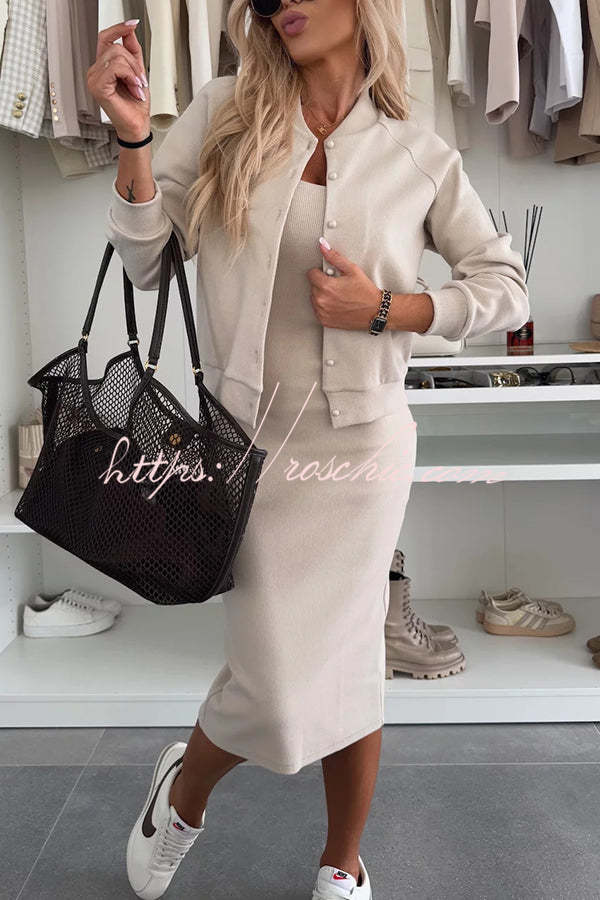 Comfort and Femininity Knit Ribbed Button Up Long Sleeve Bomber Jacket