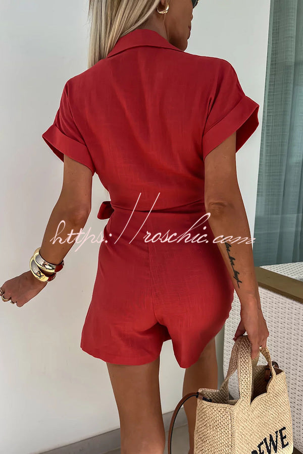 Relaxing Beach Linen Blend Solid Color Wrap Loose Shirt Romper