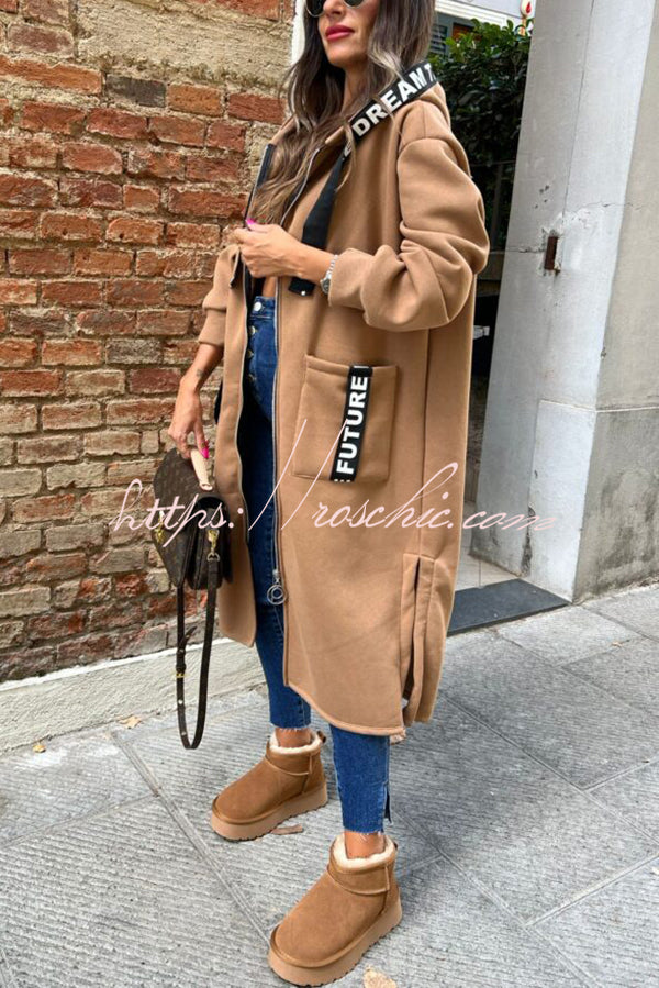 Fashionable and Casual Hooded Zipper Pocket Loose Long Coat