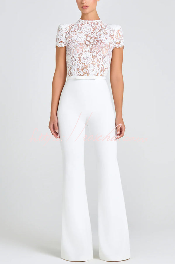 Party Charmer Flower Lace Patchwork Short Sleeve Bow Belted Flare Jumpsuit