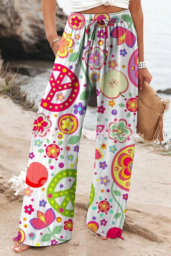 Colorful Printed Elastic Waist Drawstring Pocket Casual Pants