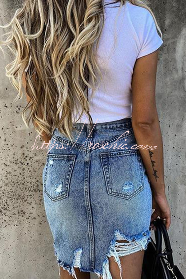 High Waist Ripped Irregular Denim Skirt