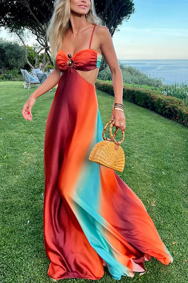 Neon Sunset Printed Metal Decoration Cutout Back Tie-up Vacation Maxi Dress, Orange / S Neon Sunset Printed Metal Decoration Cutout Back Tie-up Vacation Maxi Dress, Orange / S