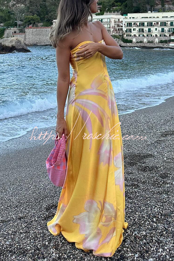 Catalina Island Satin Floral Print Twist Bust Halter Maxi Dress