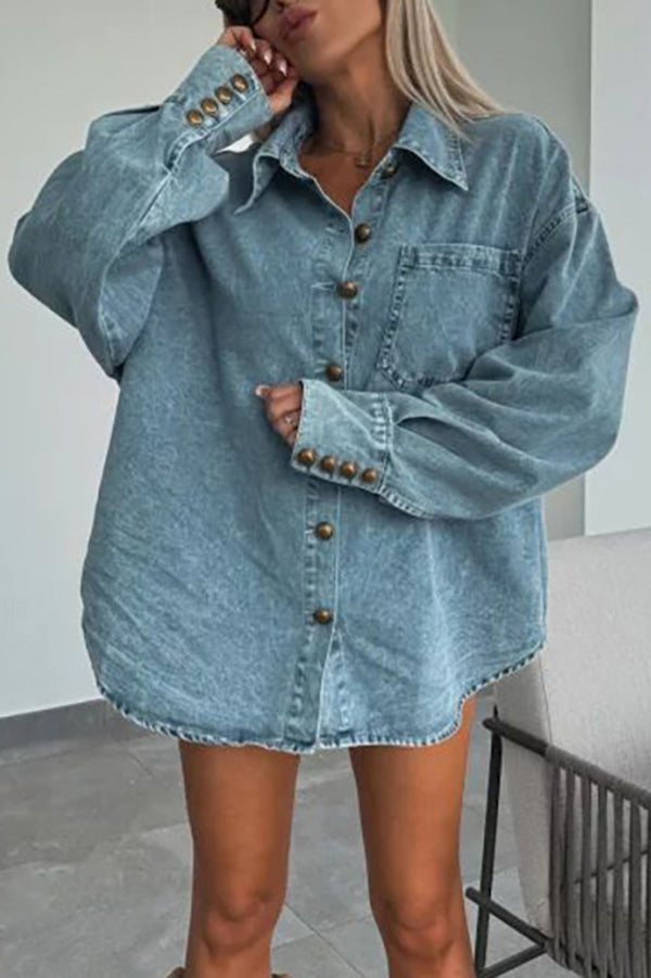 Fashion Lapel Button Pocket Denim Jacket and Irregular Mini Skirt Set