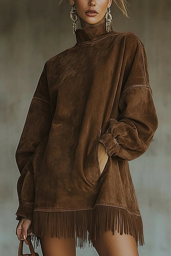 Stylish Suede High-neck Long-sleeved Loose-fitting Pockets Tassel Mini Dress (Shipped Within 24 Hours)