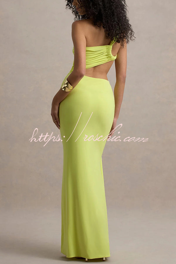 Sexy One-shoulder Backless Ribbon Pleated Slim Maxi Dress