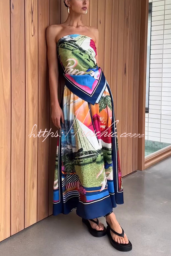 Seaside Holiday Satin Unique Print Knotted Scarf Top and Elastic Waist Loose Maxi Skirt Set