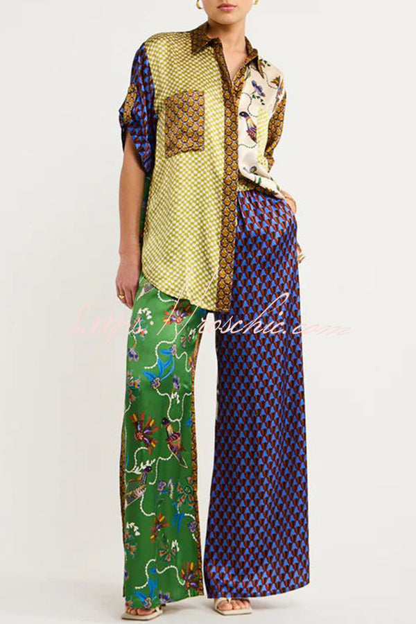 Nia Satin Unique Print Patchwork Elastic Waist Pocketed Wide Leg Pants