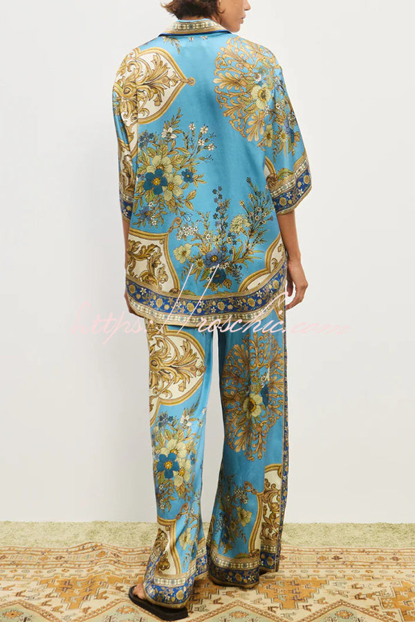 Satin Floral Print Loose Shirt and Elastic Waist Pocket Casual Wide-leg Pants