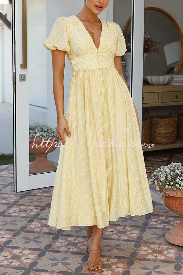 Rustic V Neck Button Zip Pleated Slit Puff Sleeve Maxi Dress