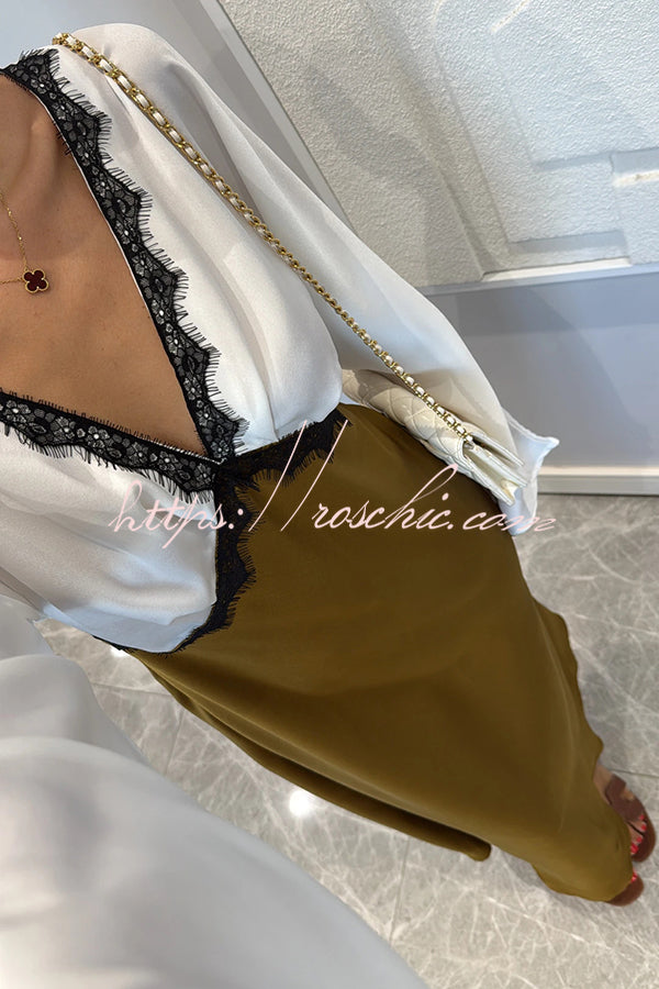 Lainei Contrast Color Satin Lace Trim V-neck Long Sleeve Maxi Dress