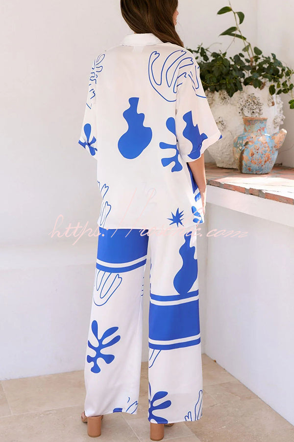 The Beach Girls Unique Color Block Print Button Up Shirt and Elastic Waist Pants Set