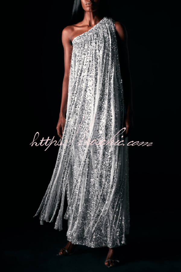 Holiday Muse Sequined Slit Tassels One Shoulder H-line Maxi Dress