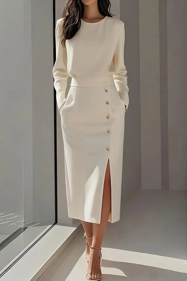 Solid Color Long Sleeves Pocket Button Decorated Slit Midi Dress, Apricot / S Solid Color Long Sleeves Pocket Button Decorated Slit Midi Dress, Apricot / S