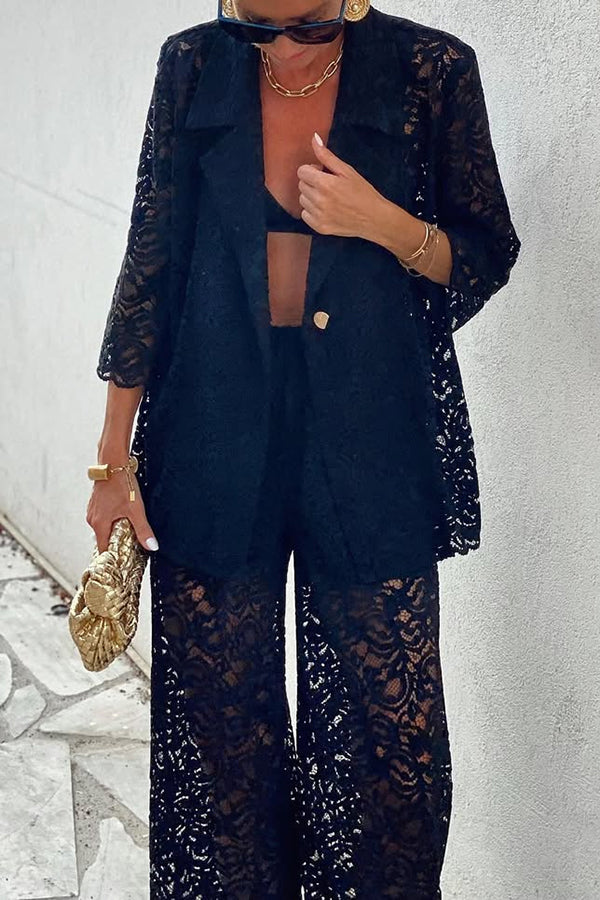 Seaside Nocturne Lace Button Half Sleeve Lapel Vacation Blazer