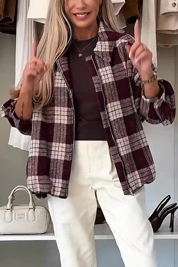 Fashion Plaid Print Lapel Long Sleeve Loose Zipper Jacket