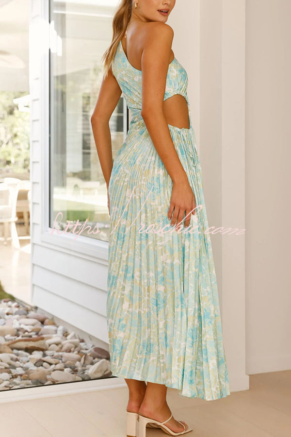 Charming One Shoulder Lace Up Cutout Pleated Maxi Dress