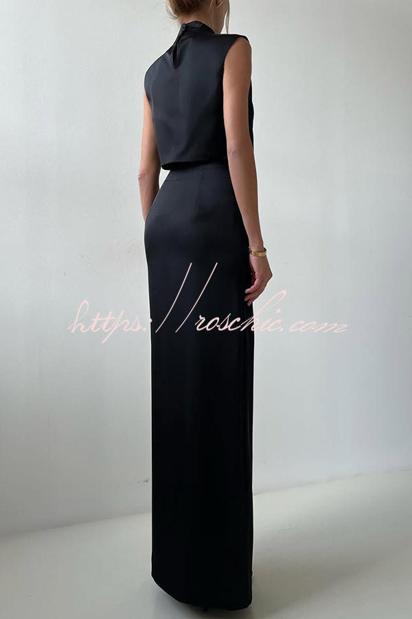 Solid Color Casual Sleeveless Crop Top and Elegant Button-down Maxi Skirt Set