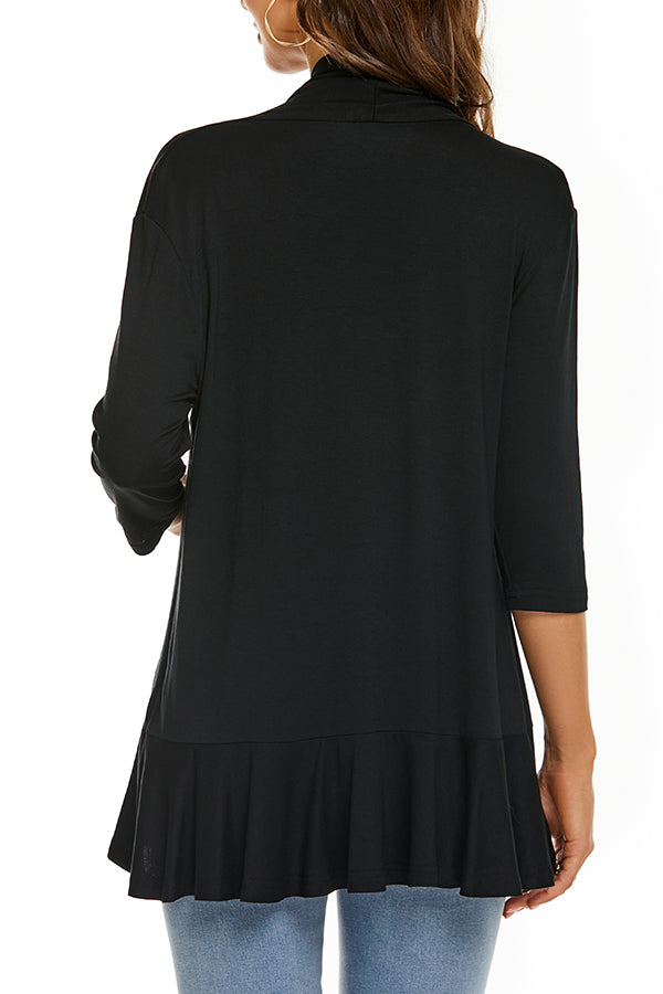 Solid Color Casual Three-quarter Sleeve Ruffled Loose Cardigan