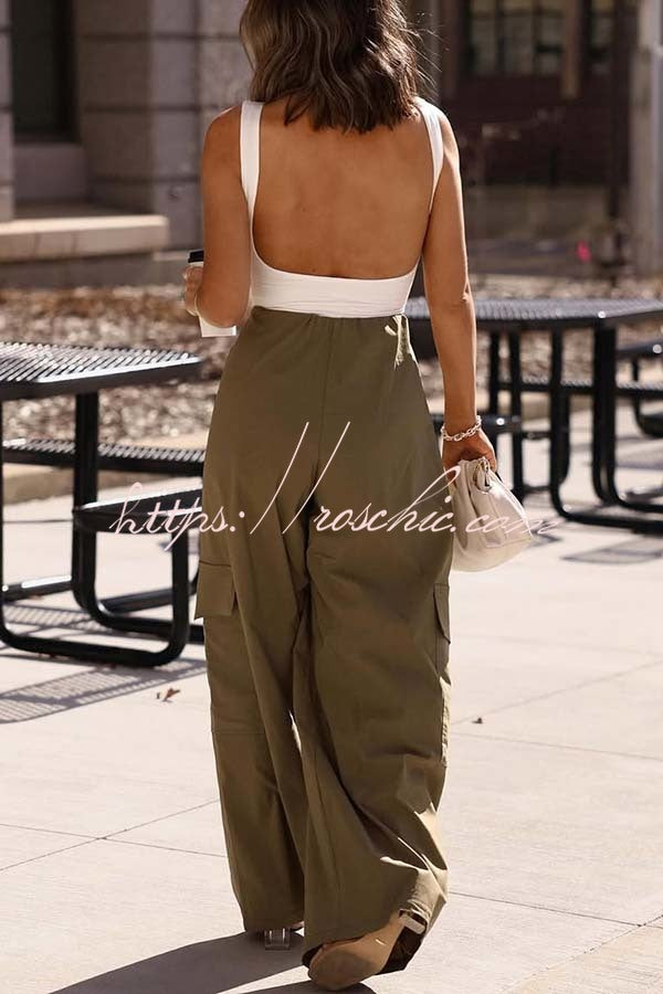 Great Week Pleated Elastic Waist Zipper Pocket Wide Leg Cargo Pants