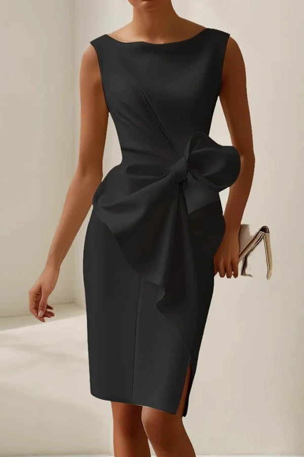 area deco bow mini dress Solid Color Bow Decoration Round Neck Sleeveless Knee-Length Mini Dress, Black / L