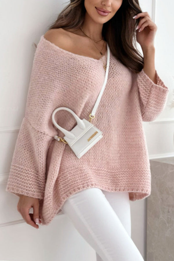Solid Color Loose V-neck Casual Knitted Sweater