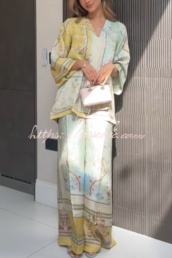 Elonie Satin Floral Print V-neck Half Sleeve Top and Elastic Waist Wide Leg Pants Set