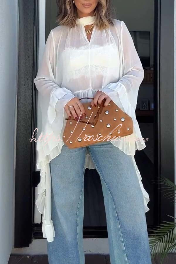 Flowy See-through Ruffle Tie-up Neck Bell Sleeve High-low Hem Cape Shirt