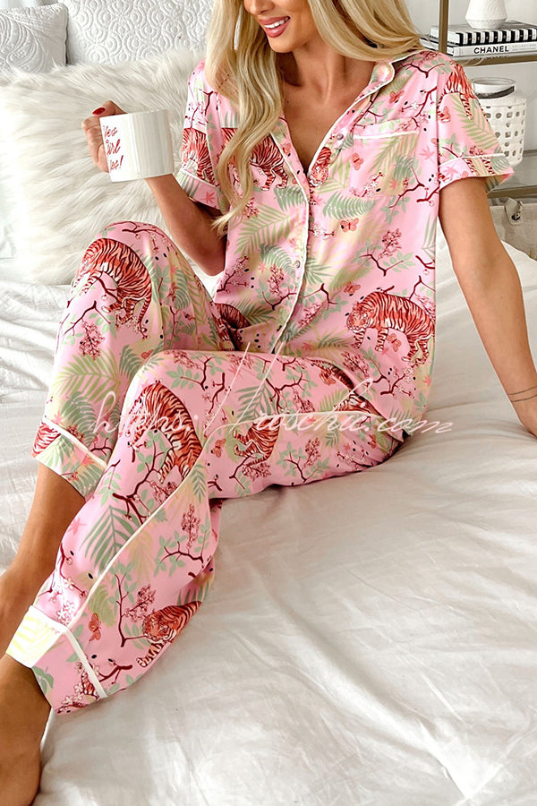 Sleeping Tiger Satin Elastic Waist Pocketed Pajama Pants Set