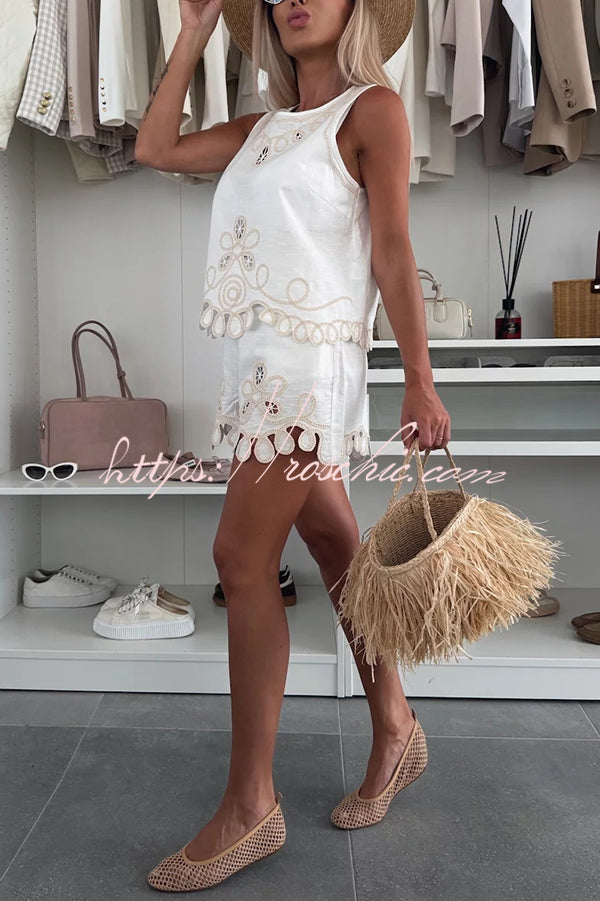 Angie Embroidery Cut-out Sleeveless Top and Elastic Waist Loose Shorts Set