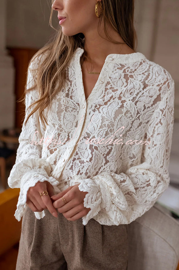 Fashionable Lace Long-sleeved Casual Button-down Shirt