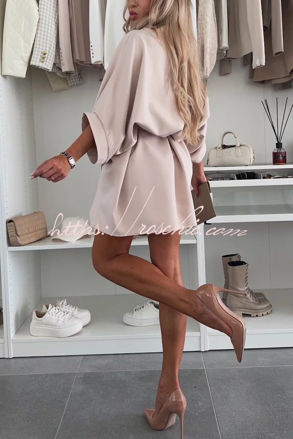 Solid Color Loose Round Neck Belted Mini Dress