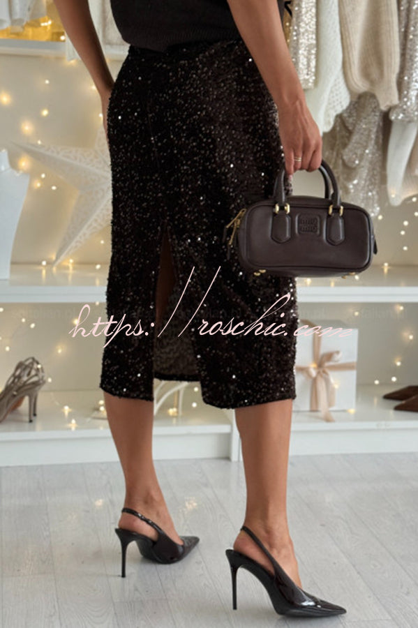 Light The Night Velvet Sequin High Rise Elastic Waist Pencil Slit Midi Skirt