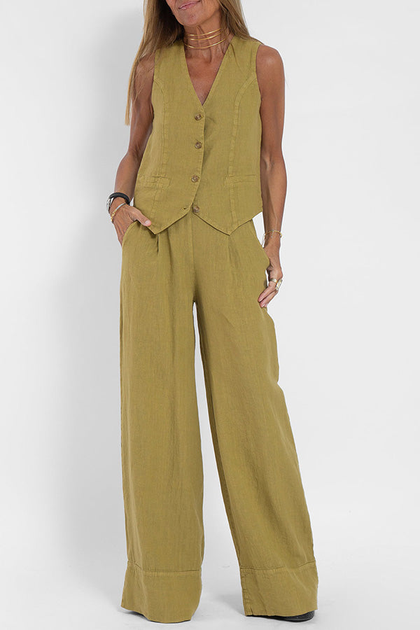 Eddie Linen Blend Button Vest and Elastic Waist Pocketed Wide Leg Pants Set