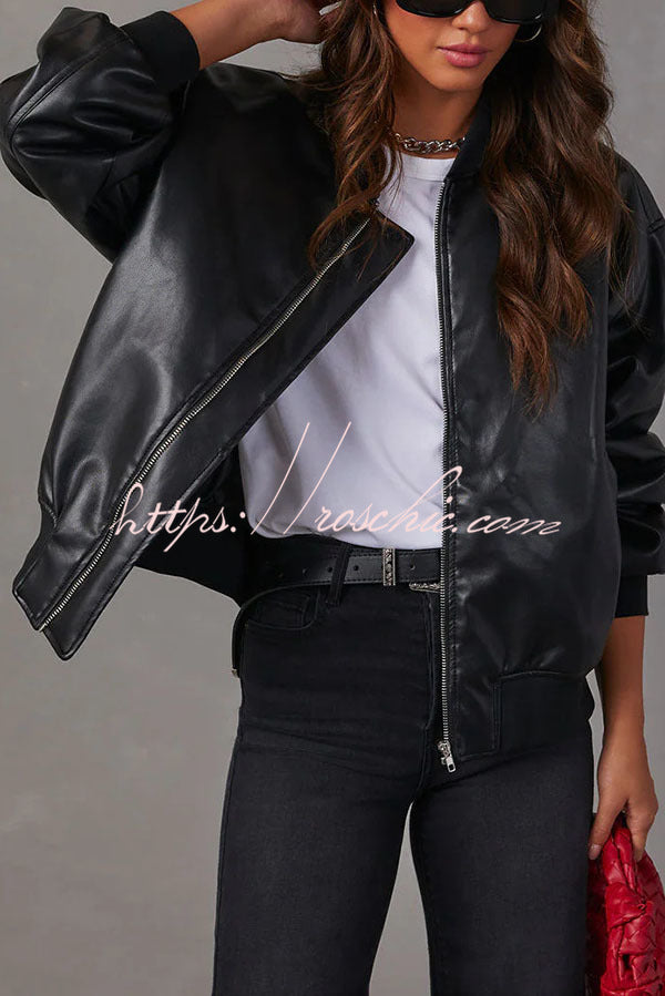 Solid Color Long Sleeve Loose Pocket Leather Jacket