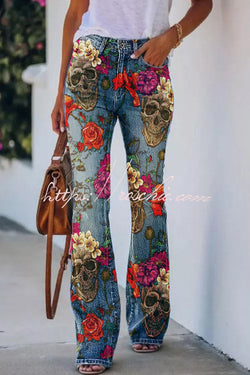 On A Drive Printed Faux Denim High Rise Flare Pants