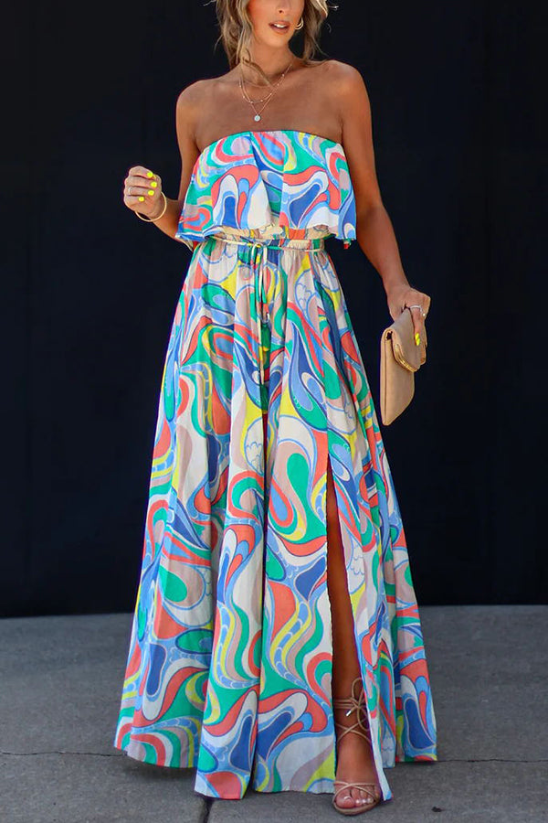 Like Fine Art Printed Strapless Elastic Waist Maxi Dress