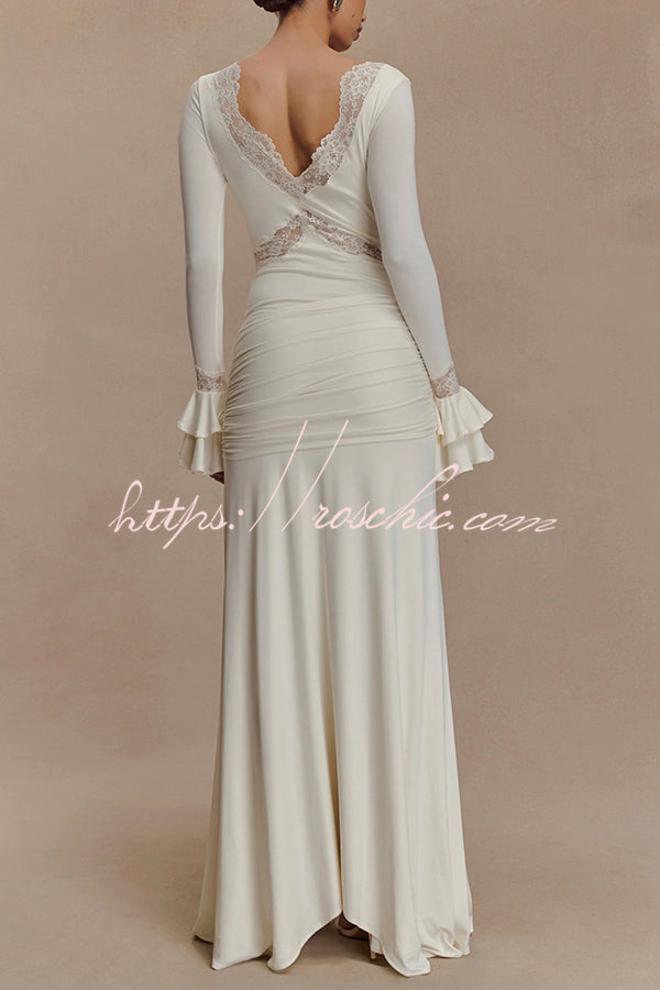 Fashion Lace Splicing Sexy V-neck Long-sleeved Slim Maxi Dress