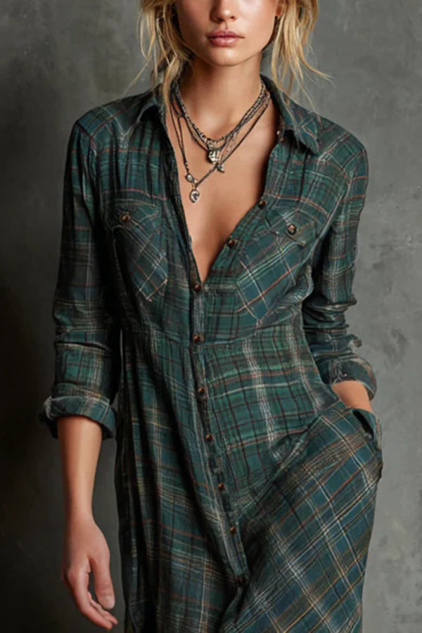 Plaid Print Lapel Long Sleeve Casual Pocket Single-Breasted Maxi Dress