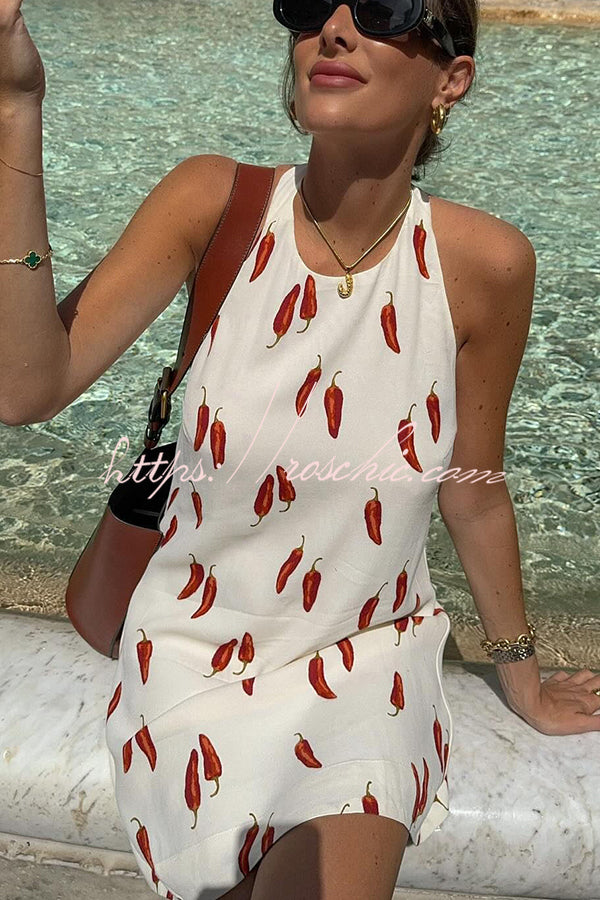 Spicy Summer Chili Pepper Unique Print Soft Fabric Halter Loose Mini Dress